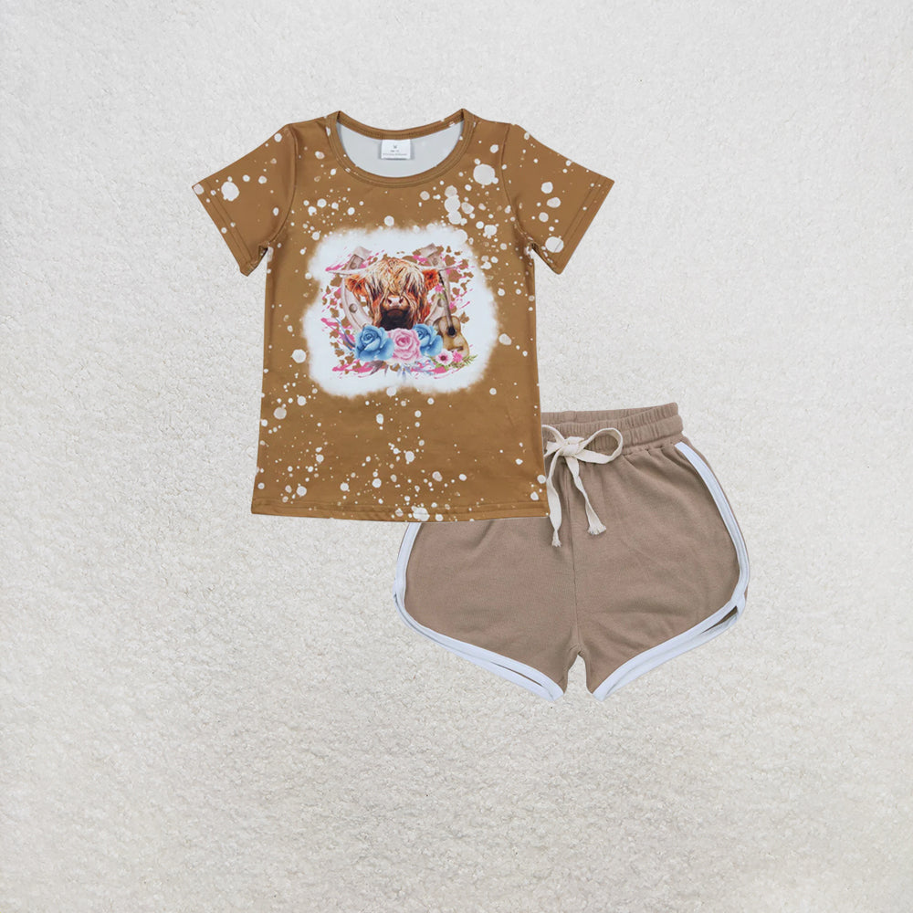 RTS NO MOQ GT0333+SS0294 Baby Girls Highland Cow Flowers Tee Shirts Tops Set