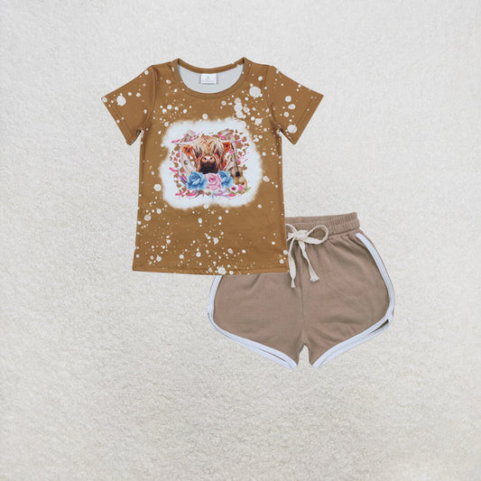 RTS NO MOQ GT0333+SS0294 Baby Girls Highland Cow Flowers Tee Shirts Tops Set