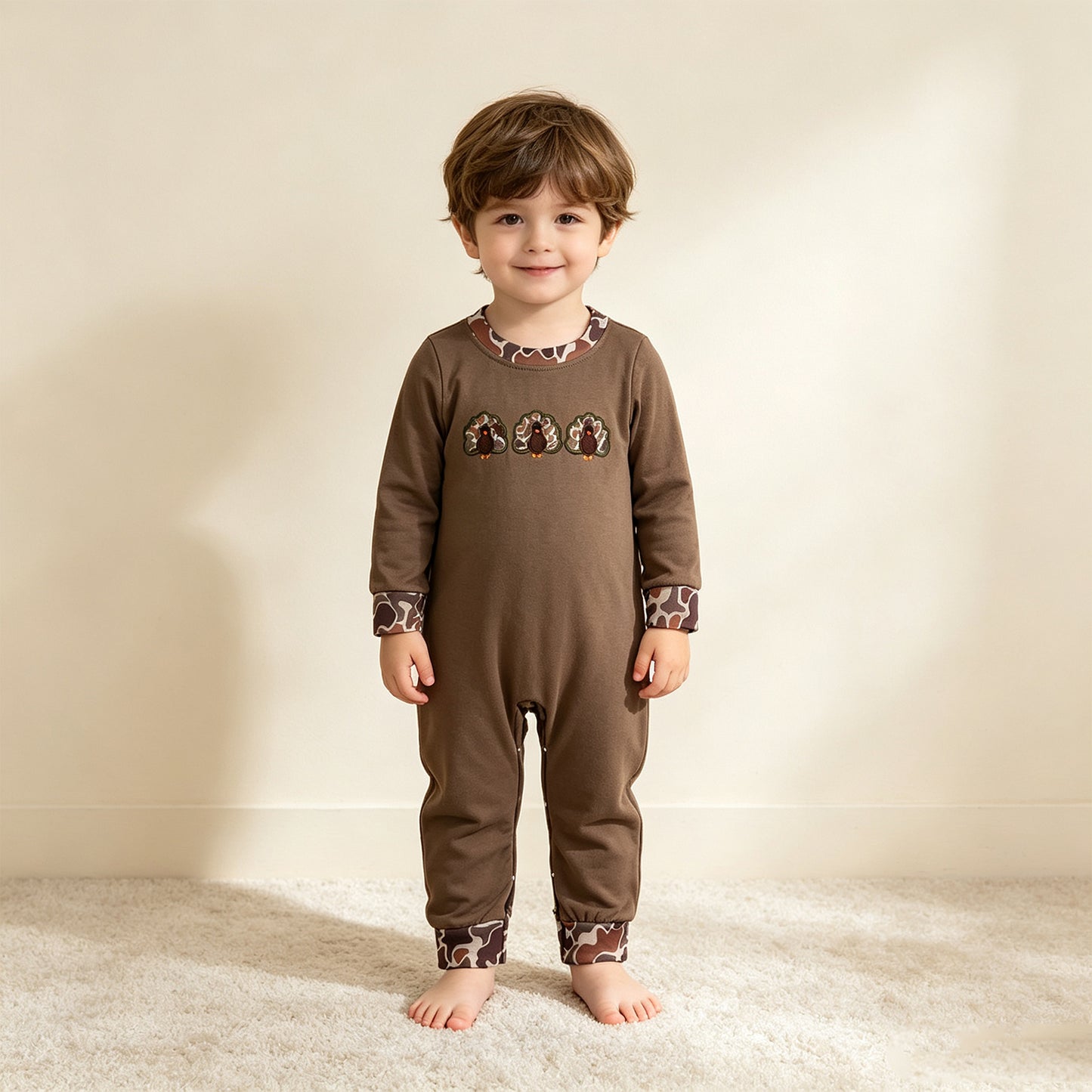 NEW RTS NO MOQ milk silk LR3108 Embroidery Baby Boys Camo Turkey Thanksgiving Romper Holiday Outfit