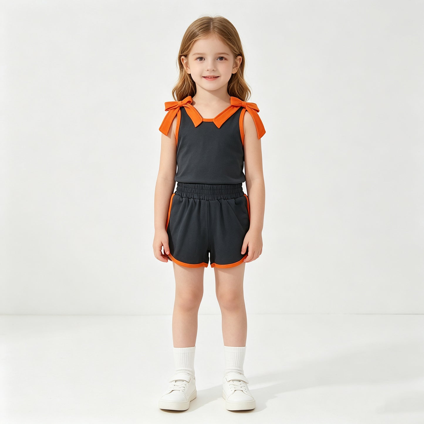 NEW RTS NO MOQ cotton GSSO3822 Baby Girls Orange Black Bow Print Sleeveless Top Shorts Summer Set