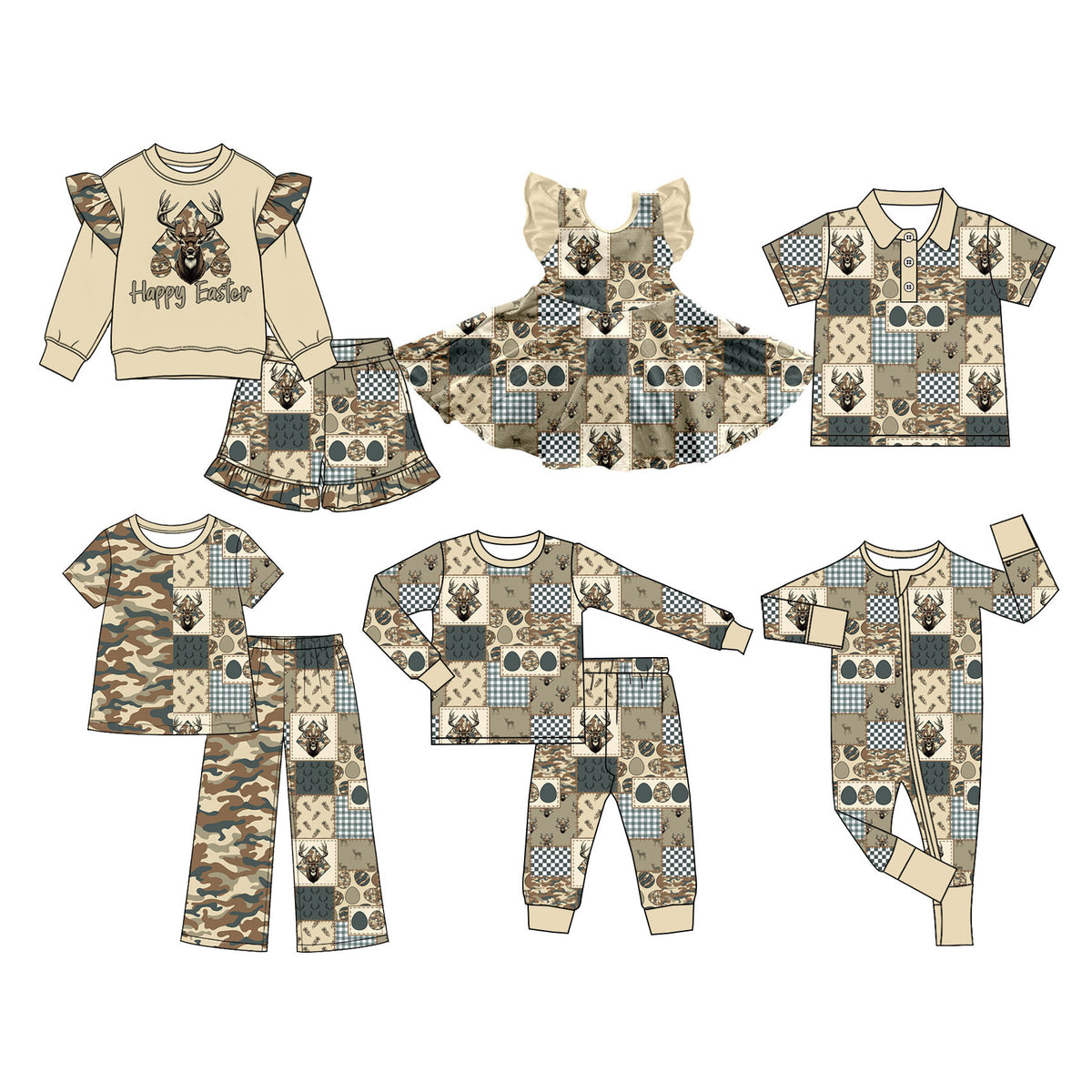 (Preorder new) No moq Baby Girls Easter Deer Patchwork Camo Dress Romper And Pant Sets Matching Clothing