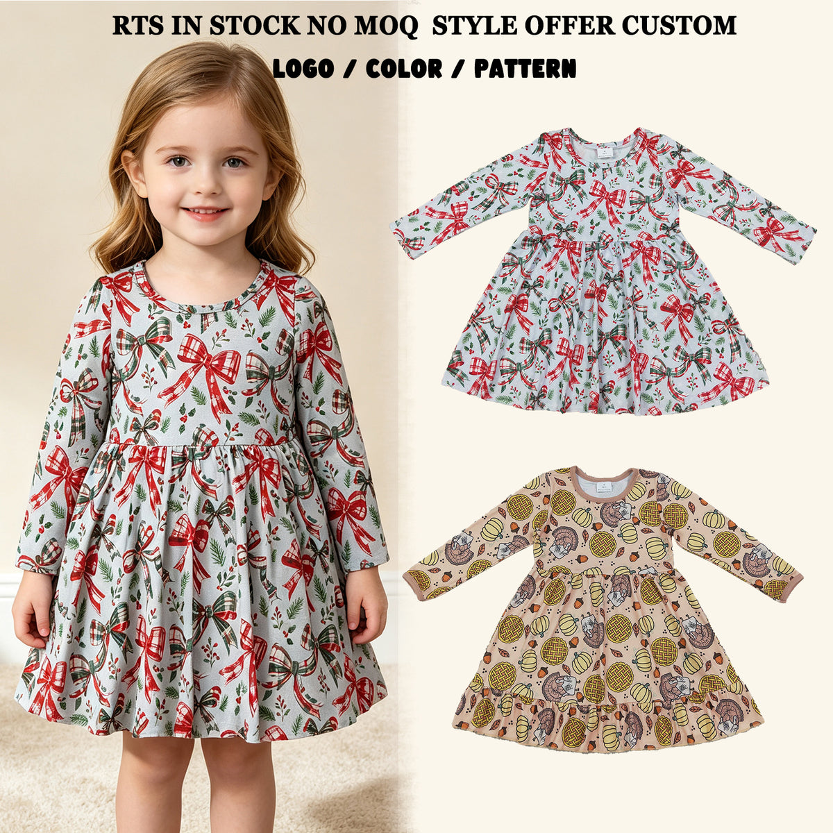 RTS NO MOQ Sibling milk silk Baby Girls Bows Long Sleeve Knee Length Holiday Dress Daily Fall Winter Wear