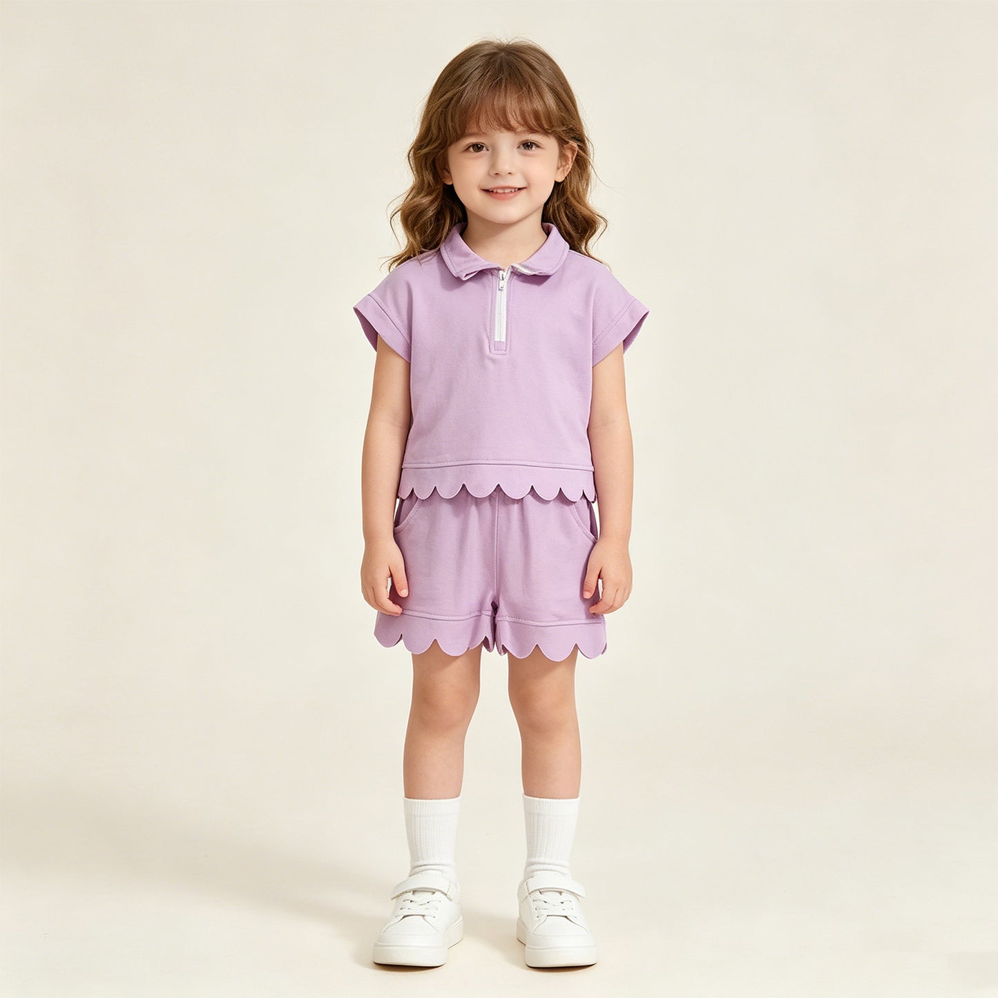 RTS NO MOQ cotton GSSO3378 Baby Girls Pink Zipper Pullover Checked Scallop Pocket Clothes Set