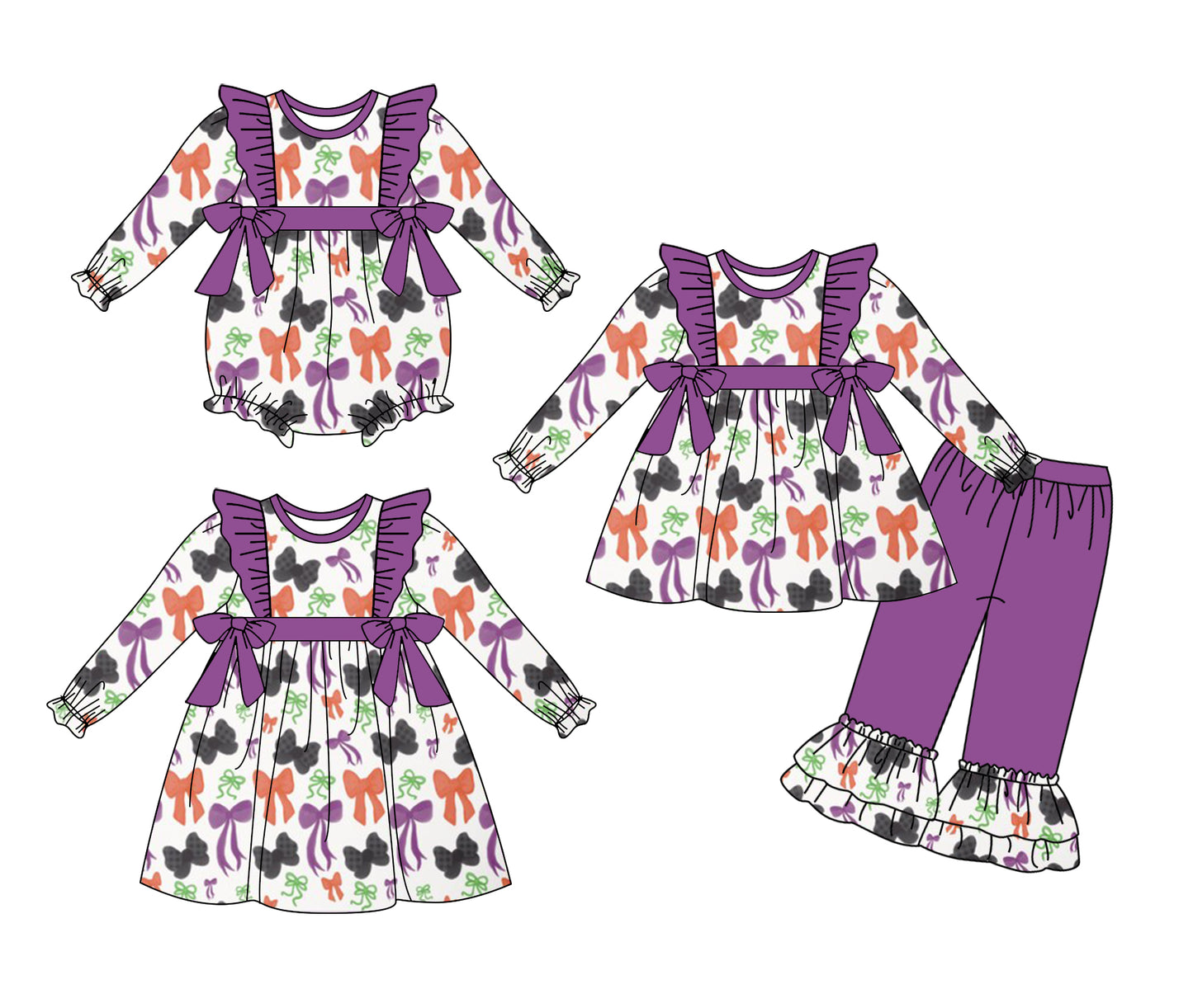 25.6.3 custom each style moq 5eta 4-6week Sibling Sisters bow purple baby girl long sleeve pants sets and dress and rompers match family design