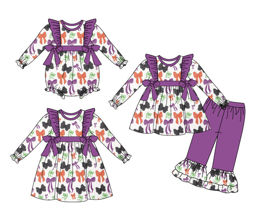 25.6.3 custom each style moq 5eta 4-6week Sibling Sisters bow purple baby girl long sleeve pants sets and dress and rompers match family design