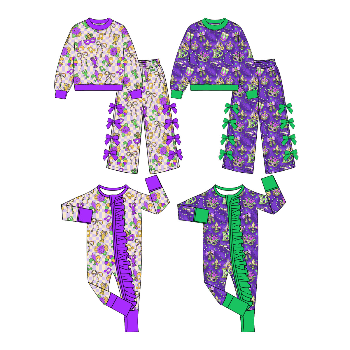 (Preorder new) No moq Baby Girls Print Long Sleeve Top Bow Pants Set And Baby Ruffle Zip Rompers