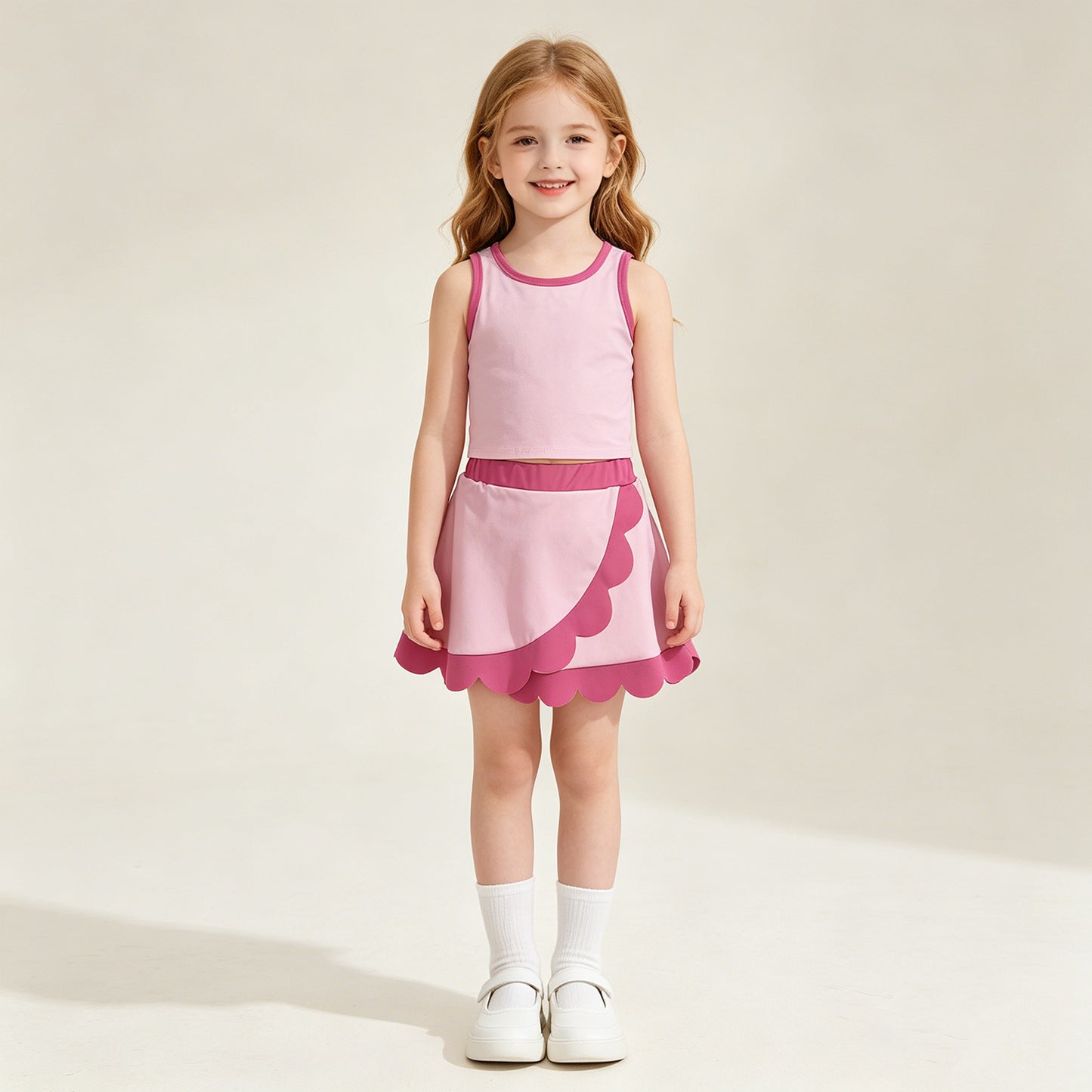 RTS NO MOQ yoga fabric cotton GSD4019 Baby Girls Cute Pink Sleeveless Vest Scallop Skirt Active Set