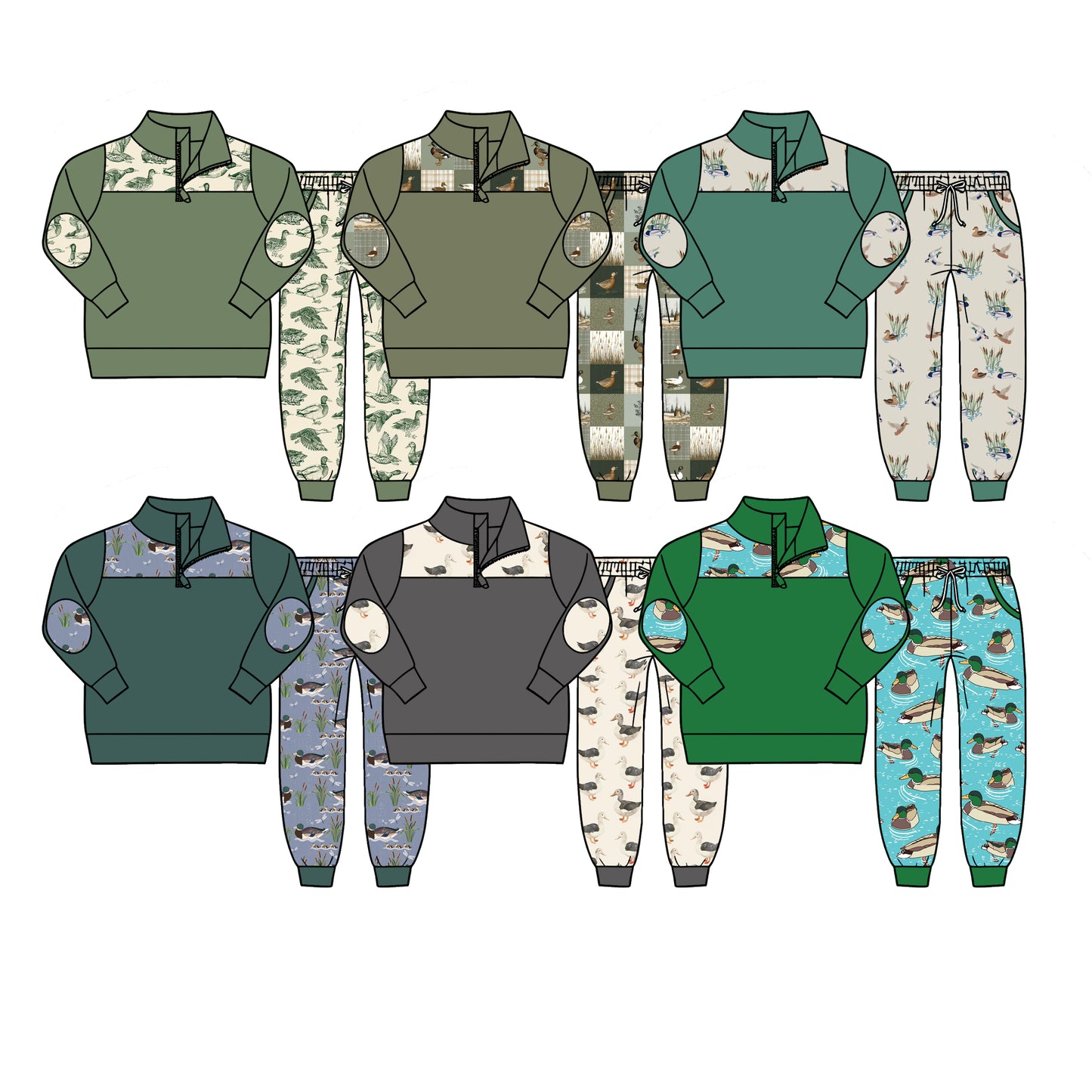 (Pre Order) No moq Baby Boys Fashion Ducks Zip Pullover Pockets Hunting Jogger Outfit
