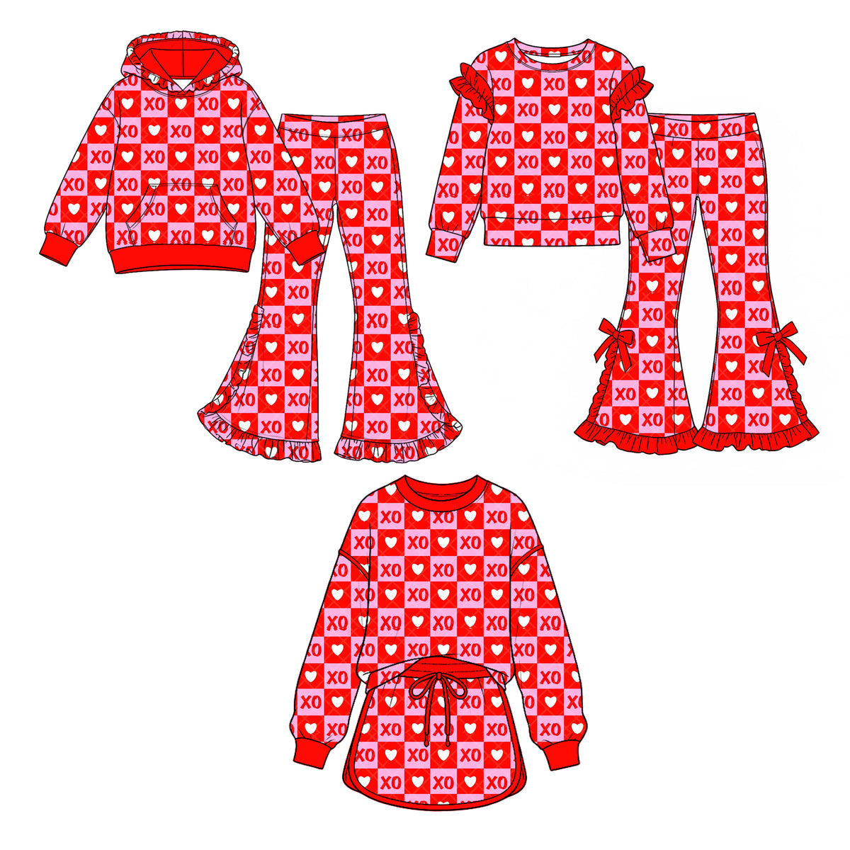 (Preorder new) No moq Baby Girls Valentines XO Heart Checkered Print Outfit Set Red Pink Plaid Heart Hoodie Ruffle Flare Pants Ruffle Sleeve Top Skirt Matching Valentines Clothes