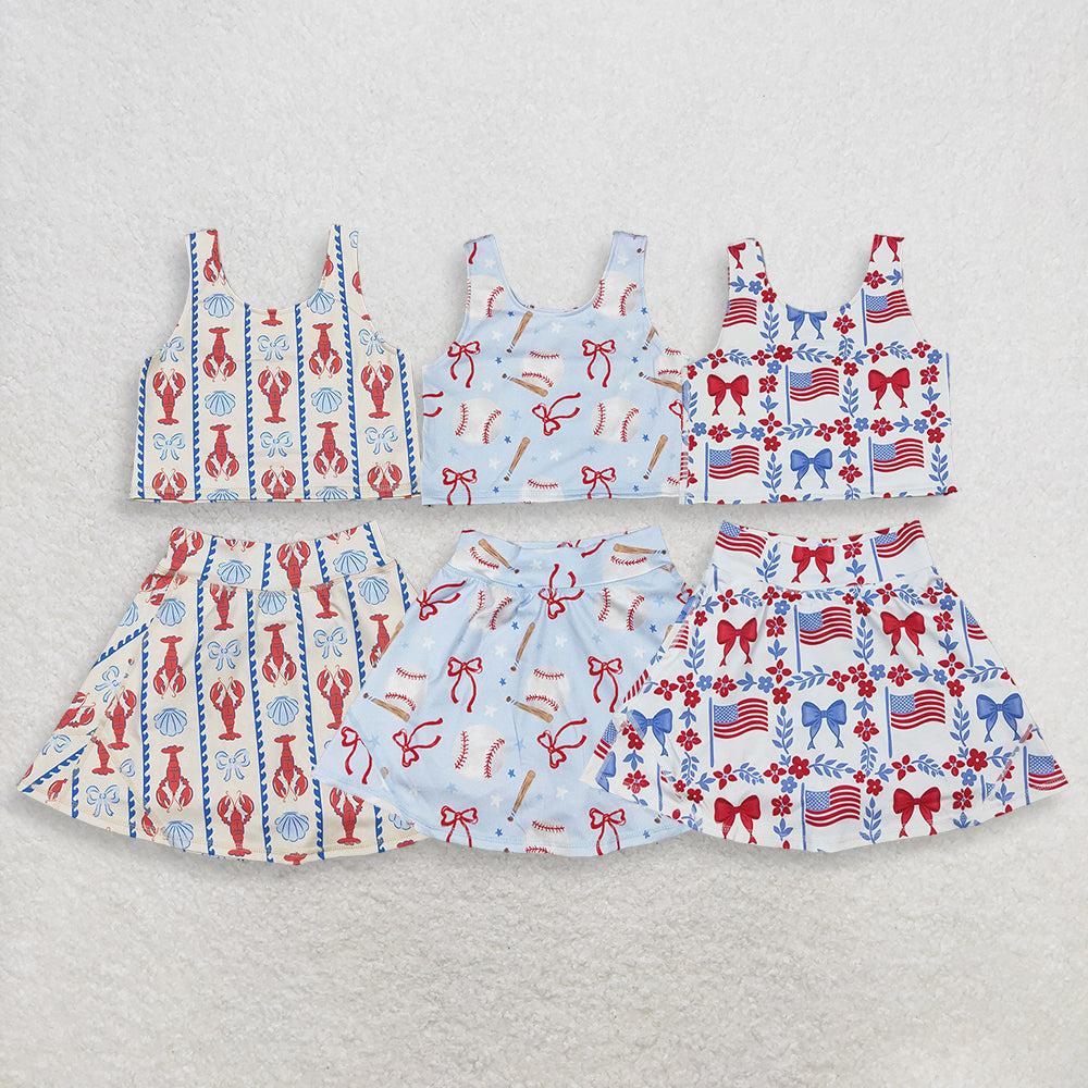 RTS NO MOQ Sibling Baby Girls Flower Flags Vest Skirt Short 4th of July Yoga Active Clothes Sets