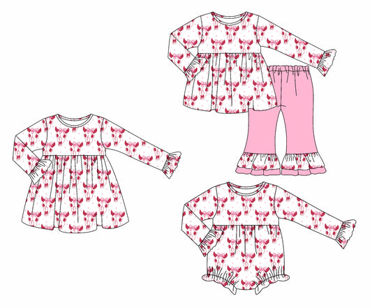 25.8.8 custom each style moq 5eta 4-6week Sibling Sisters cow head bow baby girl long sleeve pants sets and dress and rompers match family design