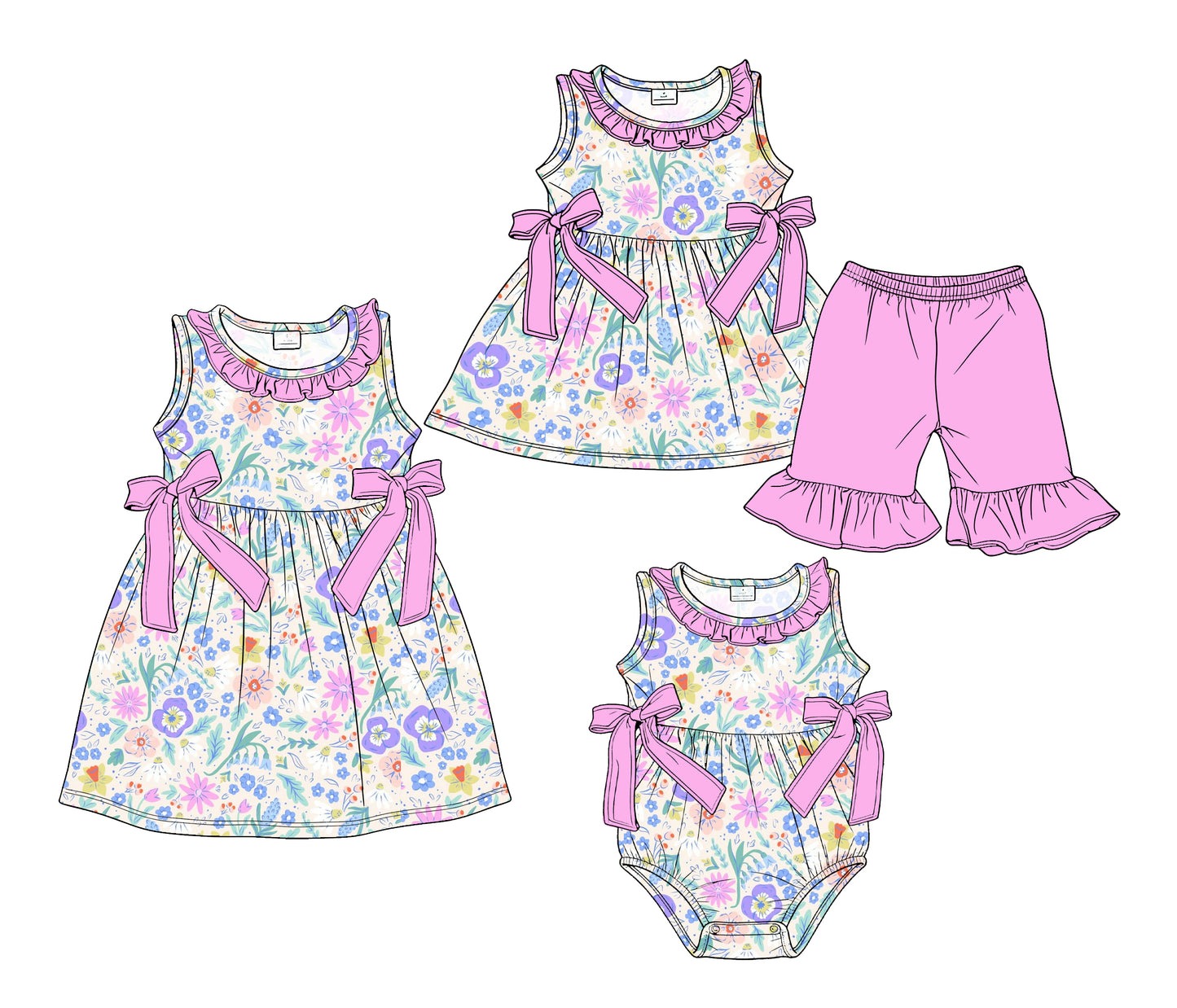 3.18 Custom moq 5 mix size Sibling Baby Girl's Flowers Sleeveless Tunic Ruffle Shorts Set Cute Romper Dress for Summer