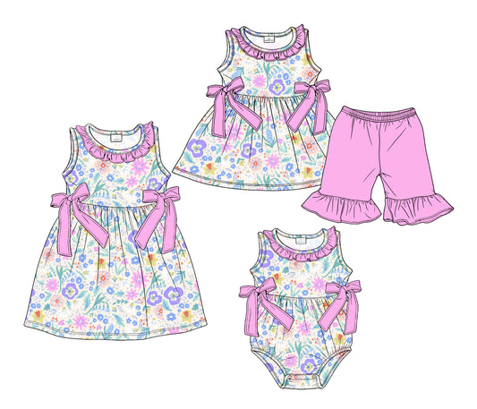 3.18 Custom moq 5 mix size Sibling Baby Girl's Flowers Sleeveless Tunic Ruffle Shorts Set Cute Romper Dress for Summer