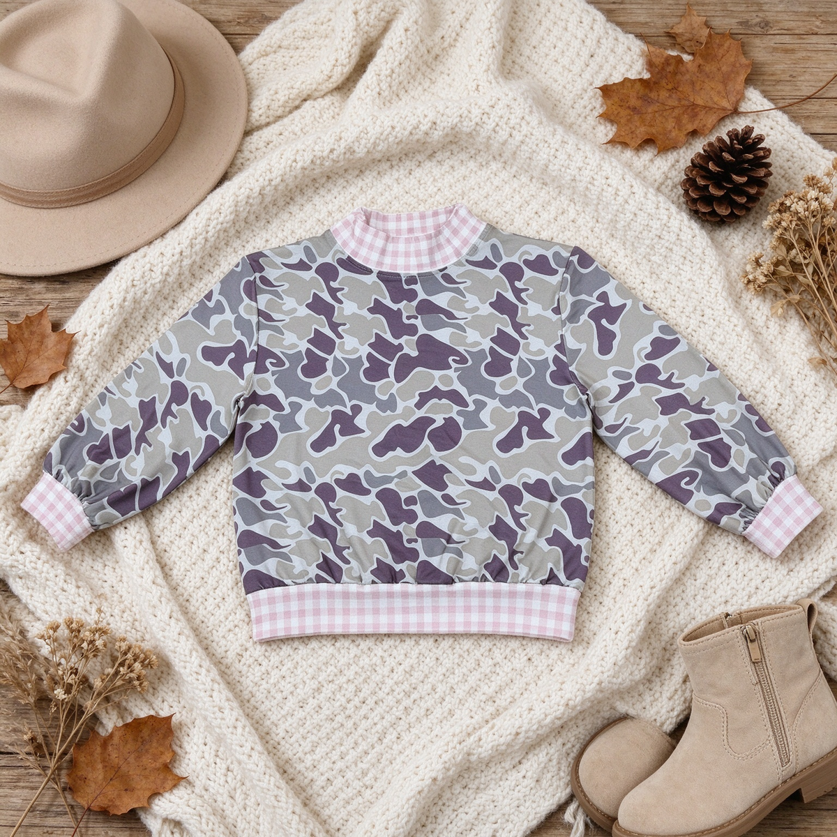 NEW RTS NO MOQ milk silk GT1873 Baby Girls Long Sleeve Grey Camo Pink Checked T-shirts Top