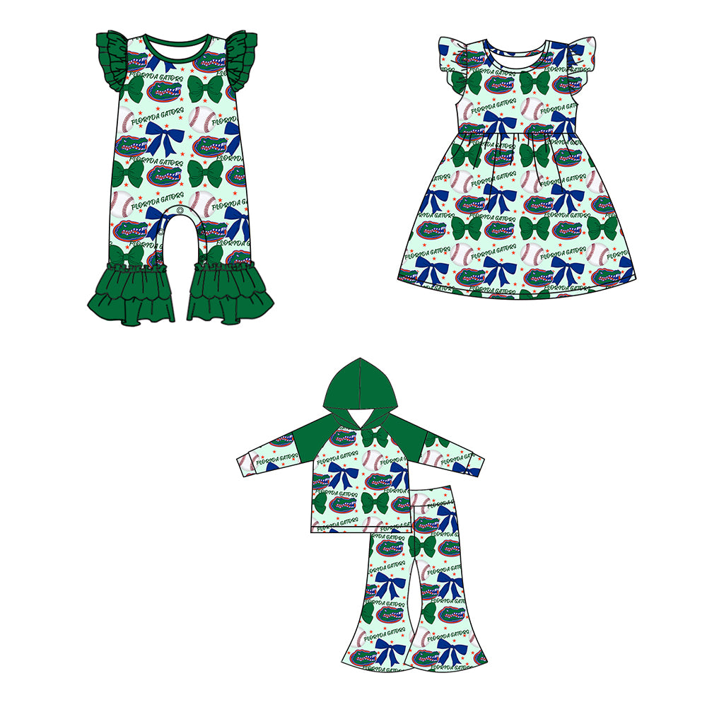 Custom moq 5 each style summer teams baby girls clothes team bow green long sleeve hooded pants sets and dress and romper-25.6.13