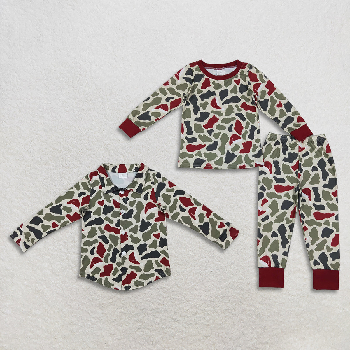 RTS NO MOQ Sibling milk silk Baby Boys Christmas Camo Print Button Down Shirt Long Sleeve Pant Pajama Set