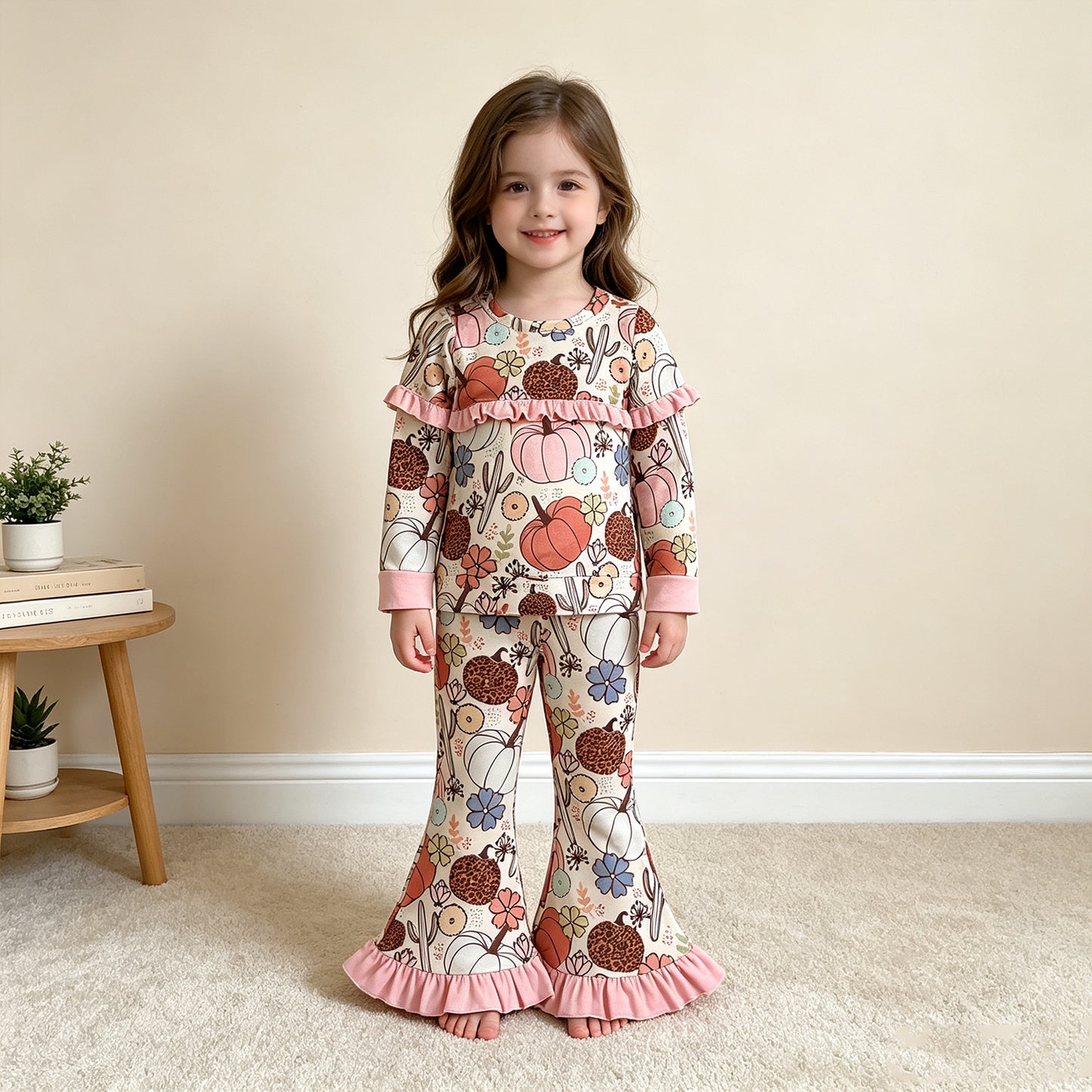 NEW RTS NO MOQ milk silk GLP3502 Baby Girls Pumpkin And Flower Print Long Sleeve Top Elastic High Waist Bell Bottom Pants Halloween Outfit Set