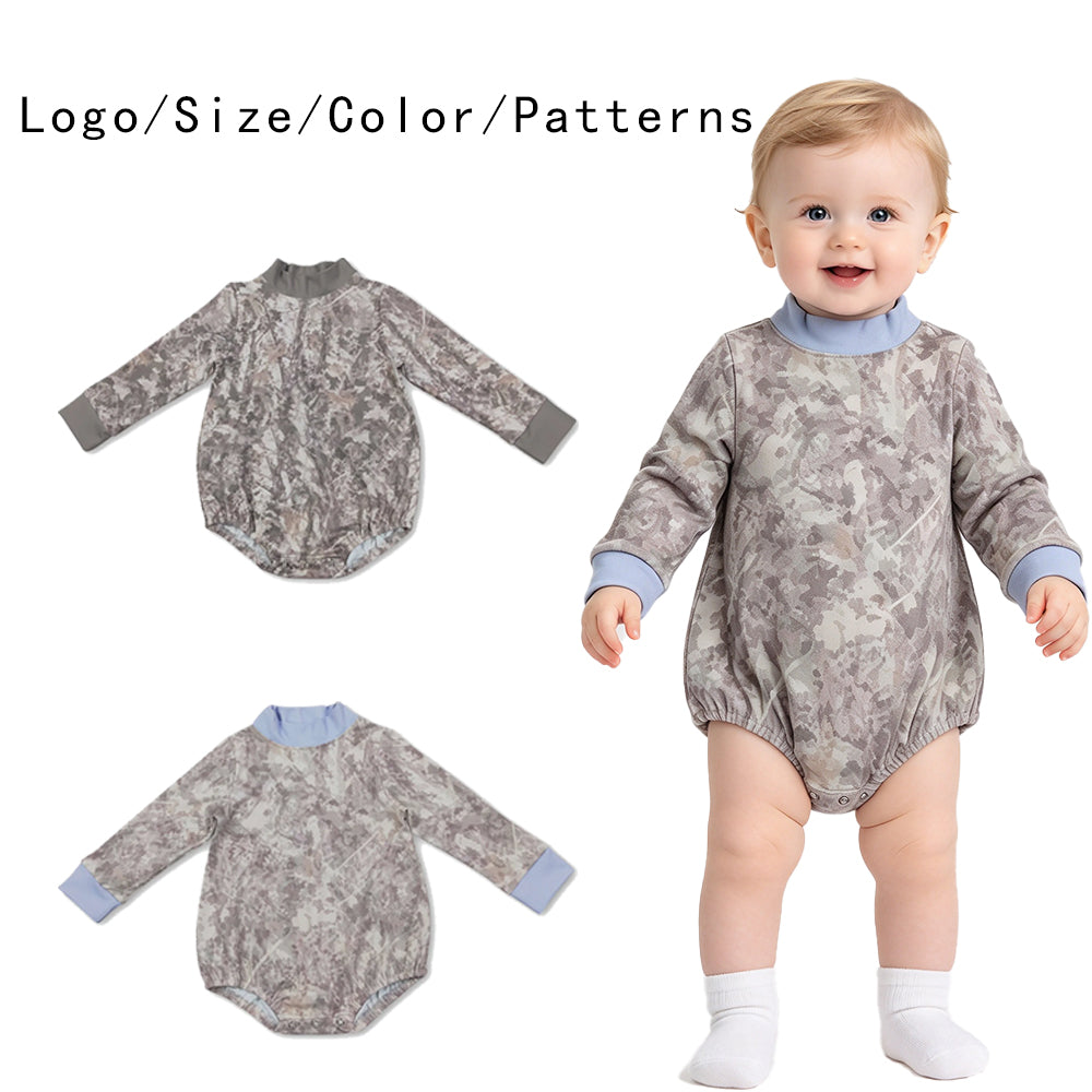 RTS NO MOQ Sibling yoga fabric High Neck Baby Boys Camo Print Long Sleeve Casual Bubble Romper