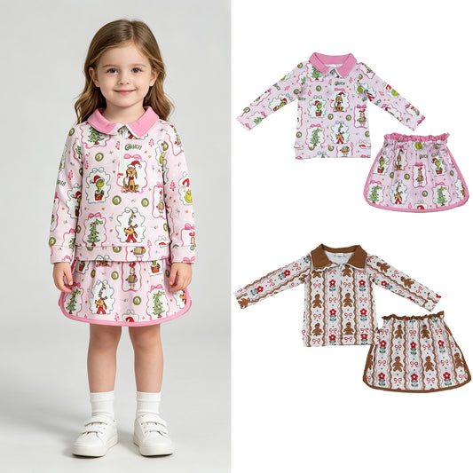 RTS NO MOQ Sibling milk silk Baby Girls Floral Gingerbread Bow Print Zip Front Top Skort Two Piece Christmas Outfit Set