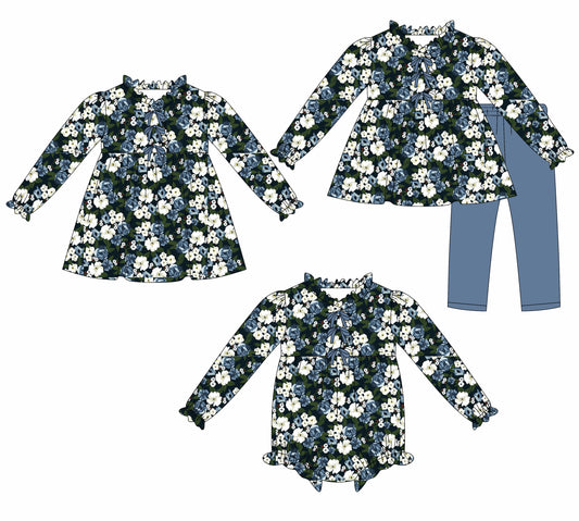 25.7.24 custom each style moq 5eta 4-6week Sibling Sisters floral baby girl long sleeve pants sets and dress and rompers match family design
