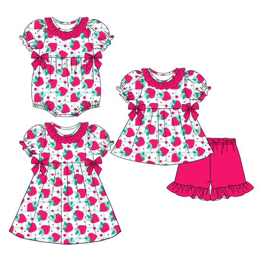 3.21 custom each style moq 5eta 4-6week Sibling Sisters strawberry baby girl short sleeve shorts sets and dress and rompers match family design