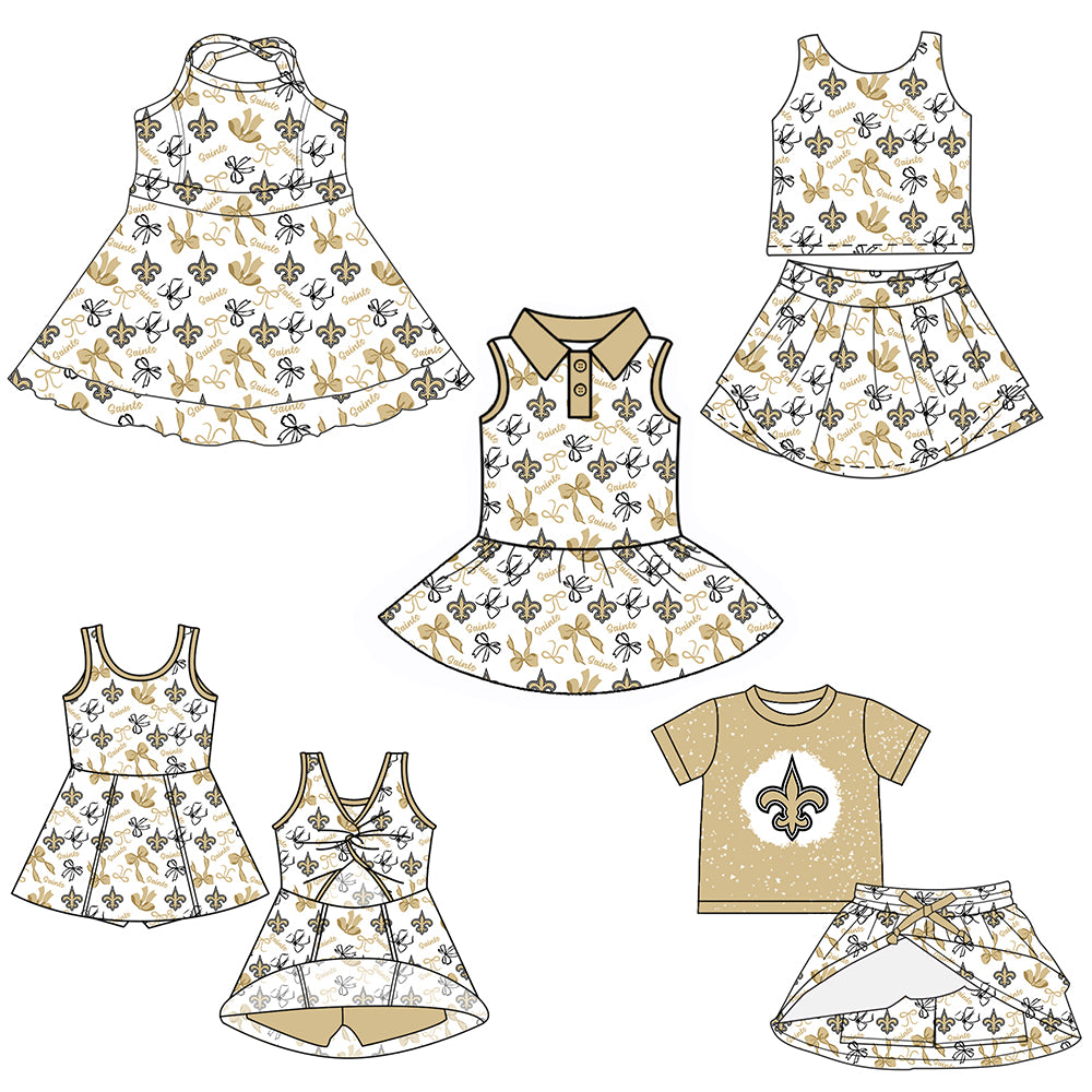 Custom moq 5 mix sizes summer teams baby girls clothes team short sleeve skirts shorts sets 1 and skirts sets 2 and dress 1 and dress 2 and dress 3 and dress 4-25.6.4