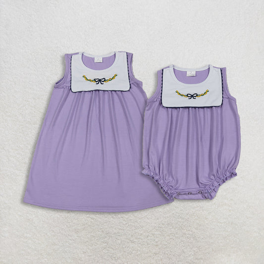 RTS NO MOQ Sibling baby girl clothes embroidery mardi gras short sleeve romper & dress