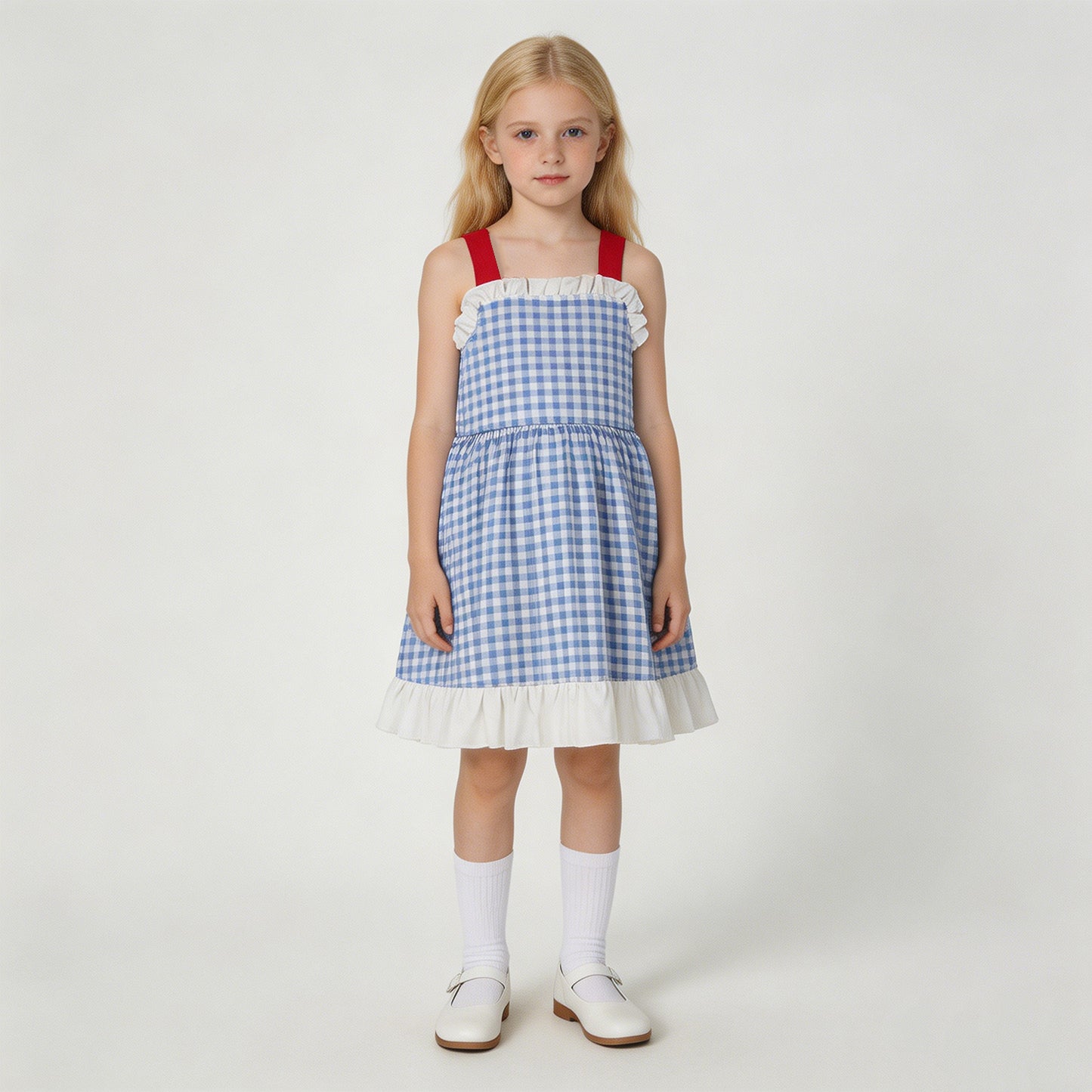 RTS NO MOQ milk silk GSD3843 Baby Girls Blue Checked Strap Knee Length Dress Back Bows 4th of July Outfit