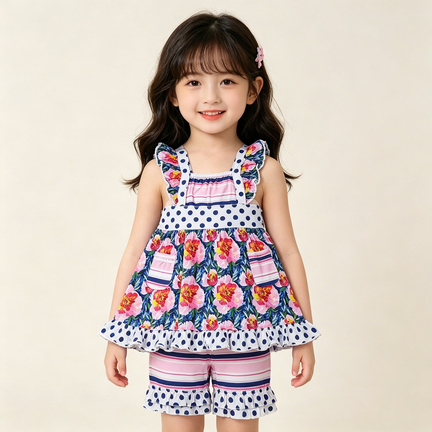 RTS NO MOQ GSSO3739 Baby Girls' Tunic Ruffle Short Clothes Set with Flutter Sleeves And Flower Pockets（10-12T）