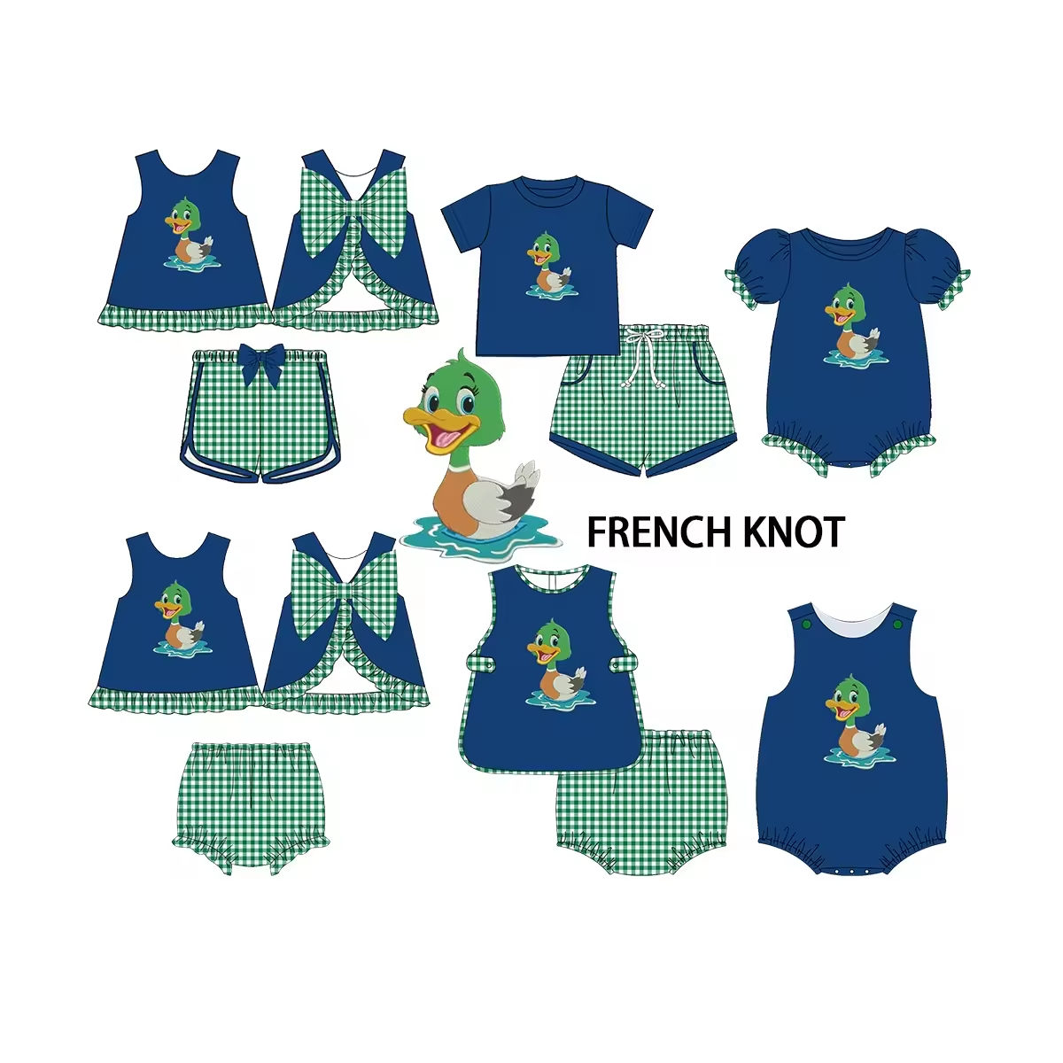 5.16custom each style moq 5eta 4-5week Sibling Sister DUCK print green plaid blue girls and boys outfits and baby romper match family design