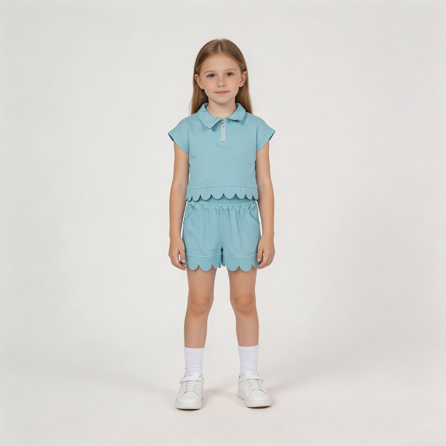 RTS NO MOQ cotton GSSO3376 Baby Girls Blue Zip Pullover Top With Pockets Short Scallop Clothes Set