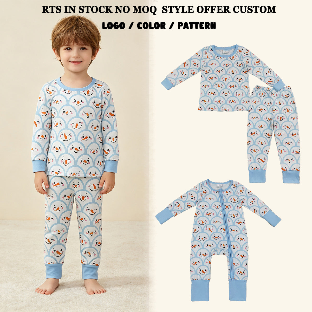 RTS NO MOQ Sibling milk silk Baby Boys Snowman Print Long Sleeve Pajama Set And Baby Front Zip Snowman Rompers