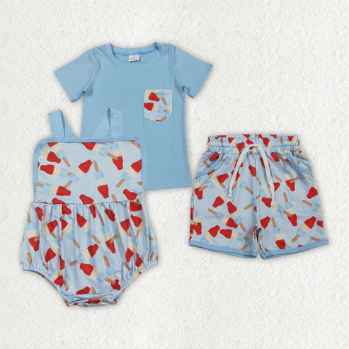 RTS NO MOQ Sibling Baby Boys 4th of July Clothes Set Popsicle Shirt Top with Pockets Short Strap Rompers Outfit