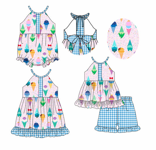2.20 custom each style moq 5eta 4-6week Sibling Sisters ice cream baby girl short sleeve shorts sets and dress and rompers match family design