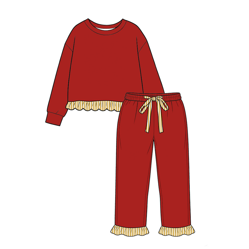 custom moq 5 mix size Baby Girls Red Long Sleeve Top And Pants Set Yellow Striped Ruffle Trim Drawstring Waist Toddler Loungewear