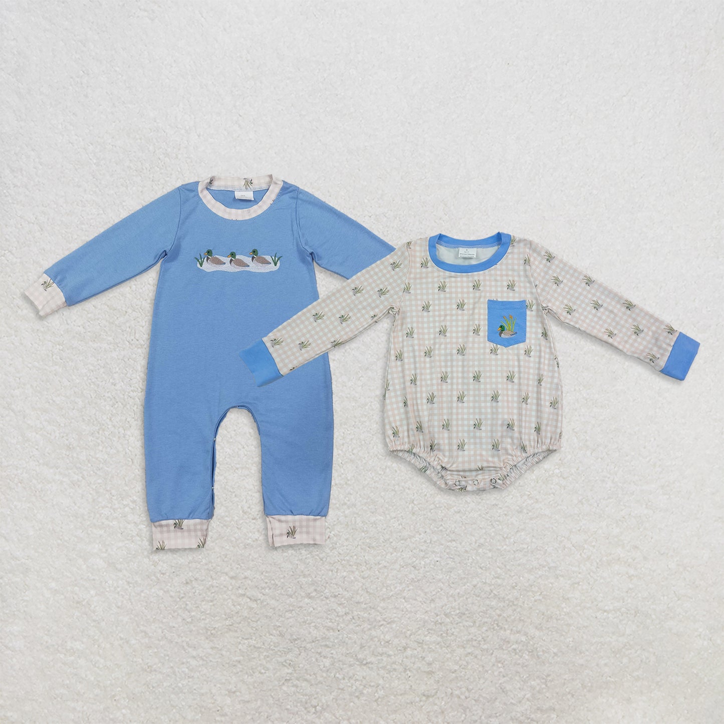 RTS NO MOQ Sibling milk silk Embroidery Duck Pocket Baby Boys Long Sleeve Checked Hunting Rompers Set