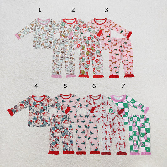 RTS NO MOQ Sibling milk silk Baby Girls Fall Cookies And Cars Print Bamboo Fabric Pajamas Outfit Set