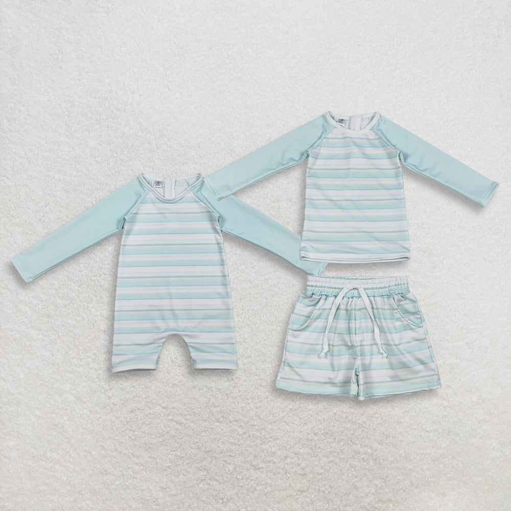 RTS NO MOQ Sibling Baby Boys Light Blue Stripe Top Pockets Shorts Swimsuits Aqua Blue Stripe Romper Swimsuits