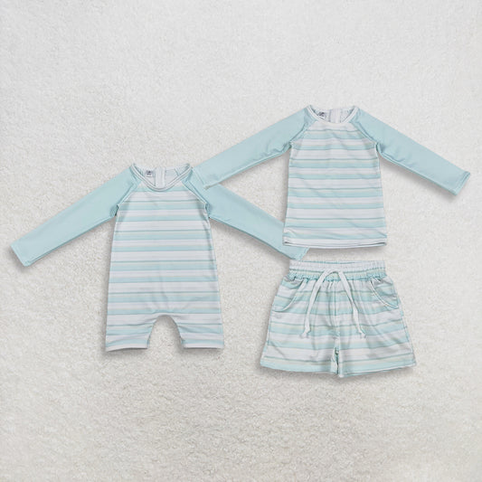 RTS NO MOQ Sibling Baby Boys Light Blue Stripe Top Pockets Shorts Swimsuits Aqua Blue Stripe Romper Swimsuits