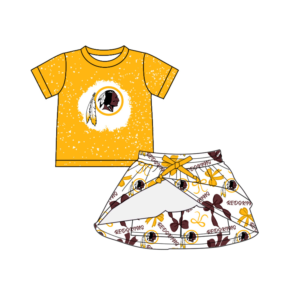Custom moq 5 mix sizes summer teams baby girls clothes team yellow short sleeve skirts shorts sets 1 and skirts sets 2 and dress 1 and dress 2 and dress 3 and dress 4-25.6.9