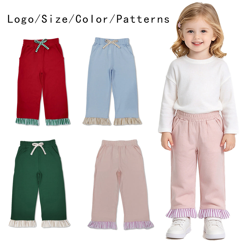 RTS NO MOQ Sibling cotton Baby Girls Solid Color Wide Leg Pants With Stripe Ruffle Hem And Striped Drawstring
