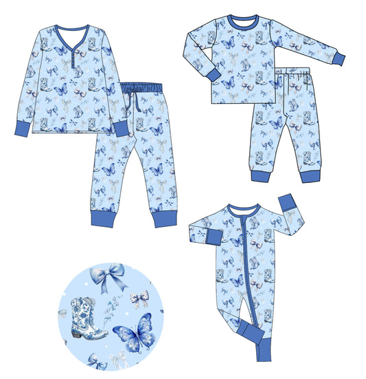 25.9.11 custom each style moq 5eta 4-6week Sibling Sister butterfly bow blue baby long sleeve pants sets and romper and adult set match design