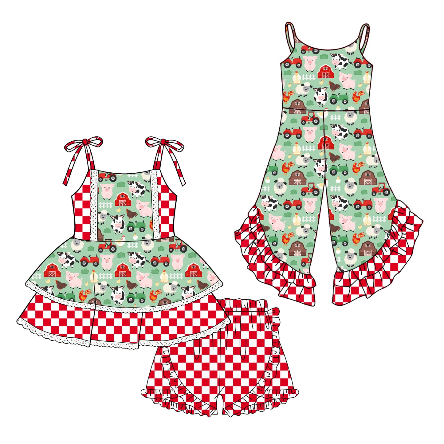 25.12.13 custom each style moq 5 eta 6-8week Sibling Sisters farm animal baby girl short sleeve shorts sets and jumpsuit match family design