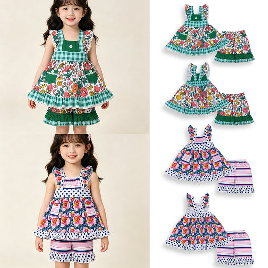 RTS NO MOQ Sibling Baby Girls' Tunic Ruffle Short Clothes Set with Flutter Sleeves And Flower Pockets