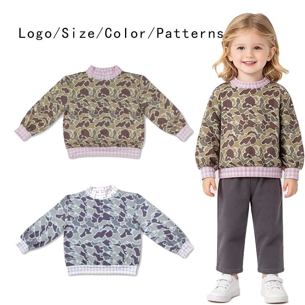 RTS NO MOQ Sibling milk silk Baby Girls Cute Camo Print Gingham Ruffle Neck Long Sleeve Casual