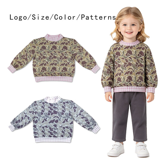 RTS NO MOQ Sibling milk silk Baby Girls Cute Camo Print Gingham Ruffle Neck Long Sleeve Casual