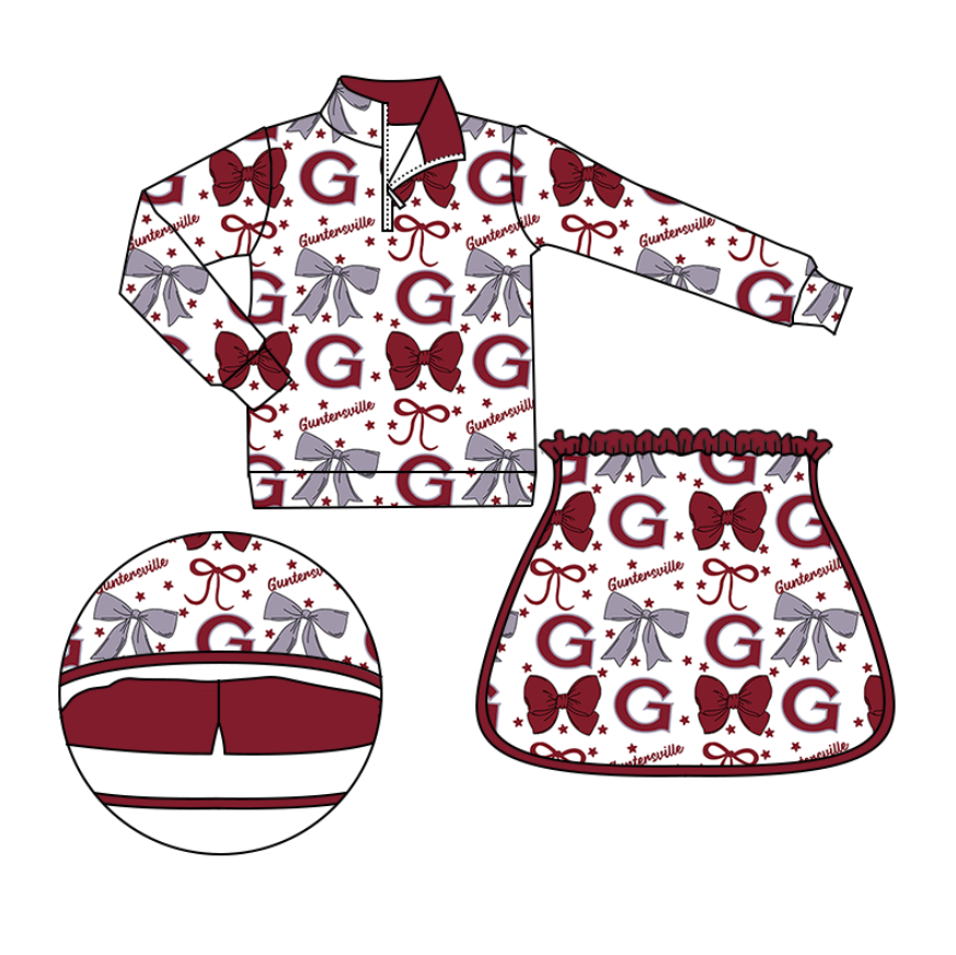 Custom moq 5 mix size milk silk summer teams Adult Women Bow Print Long-Sleeved Zipper Top And Skirt Set Cute And Fashionable Outfit