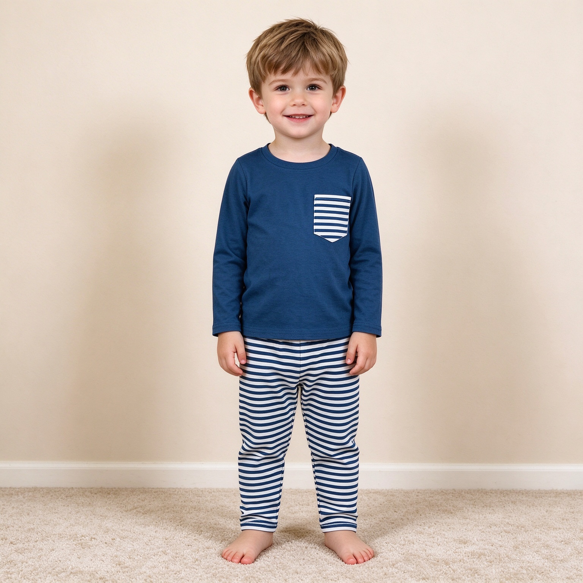 NEW RTS NO MOQ milk silk BLP1512 Baby Boys Navy Long Sleeve Pocket Top Stripe Pants Casual Outfit