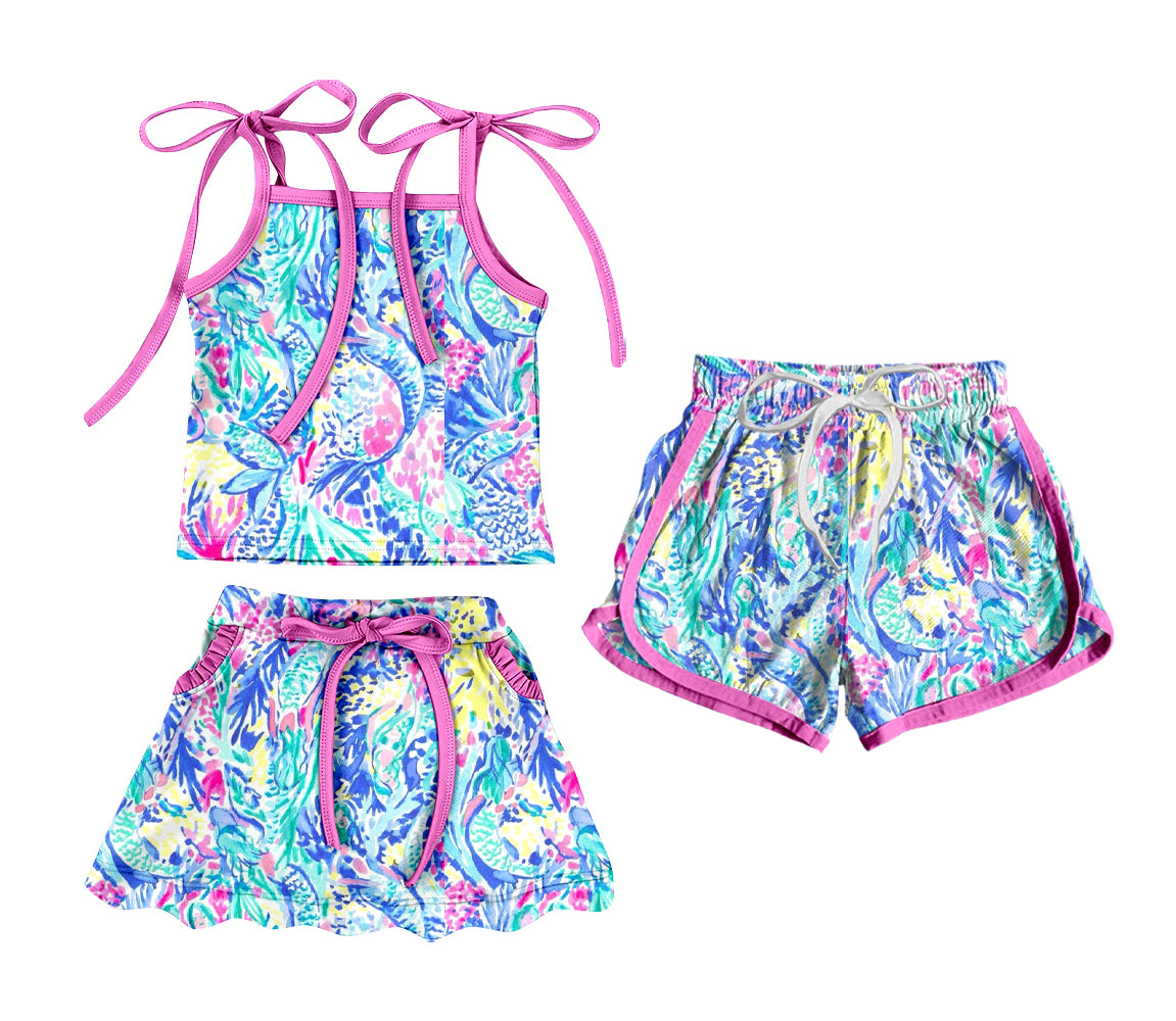 3.20 Custom moq 5 mix size Sibling Baby Girl's Strap Top And Skirt Set with Matching Drawstring Shorts Outfit