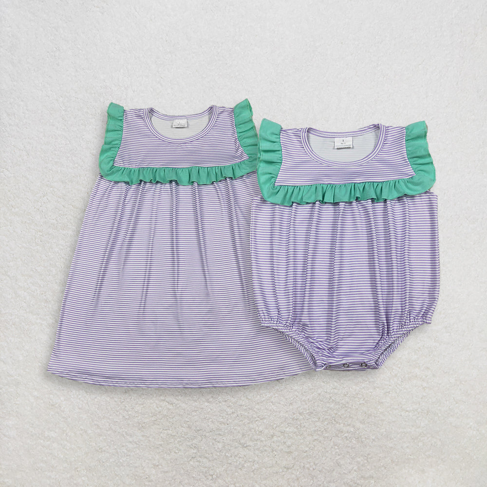 RTS NO MOQ Sibling Baby Girls Sleeveless Purple Stripe Knee Length Ruffle Dress Rompers for Toddlers